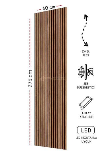 Mdf Ahşap Akustik Duvar Kaplama Paneli -60x275 cm -Teak